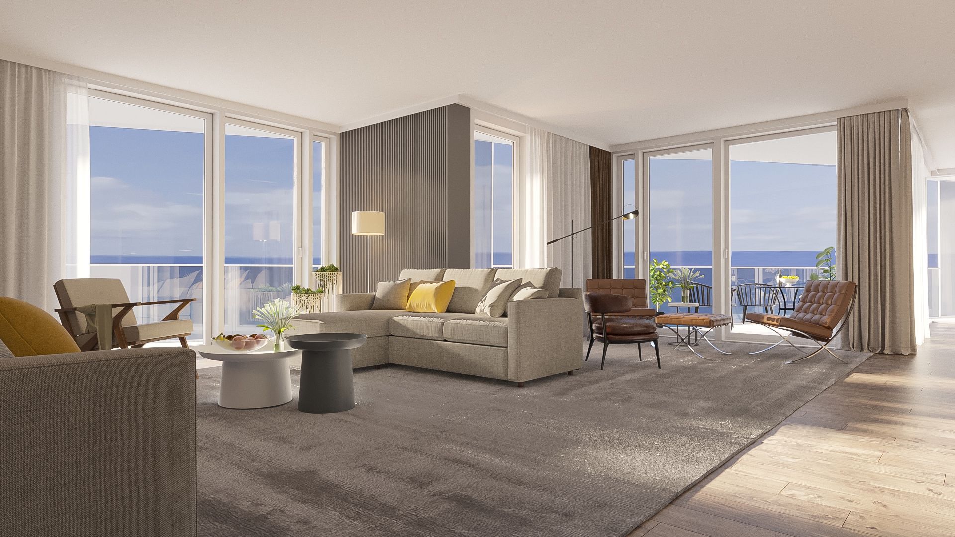 Residence living room with floor-to-ceiling glass and Gulf views on two sides