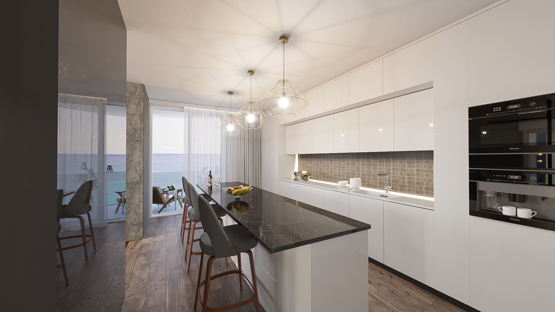 Kitchen: black marble island with bar seating, geometric pendant lights and the Gulf beyond the balcony