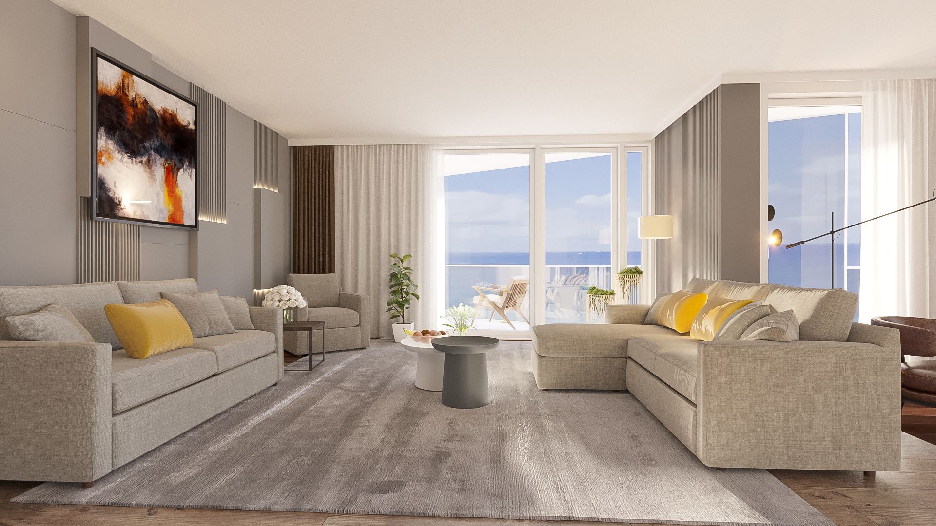 Living room: linen sectionals with yellow accents, floor-to-ceiling glass and the Gulf beyond