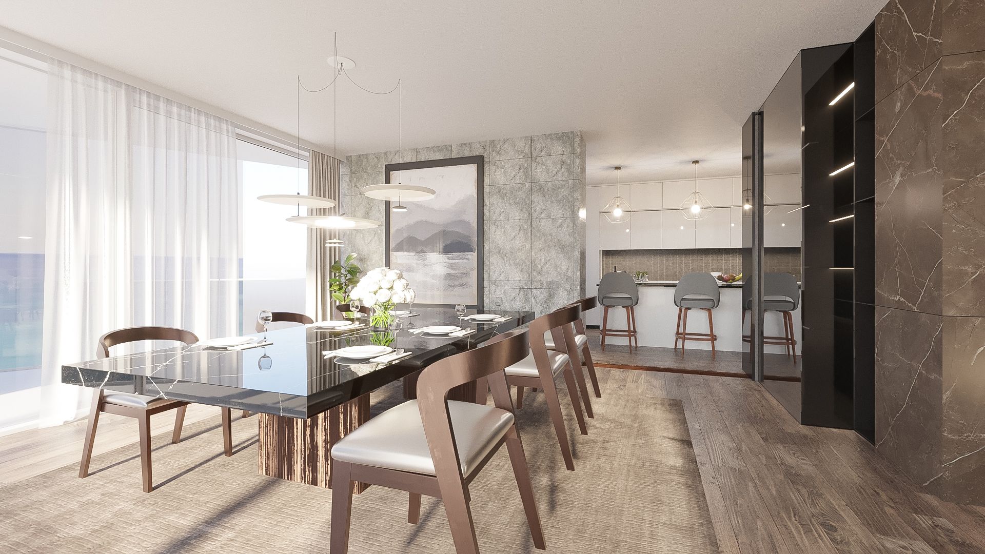 Residence dining room with a marble table, pendant lights and the kitchen beyond